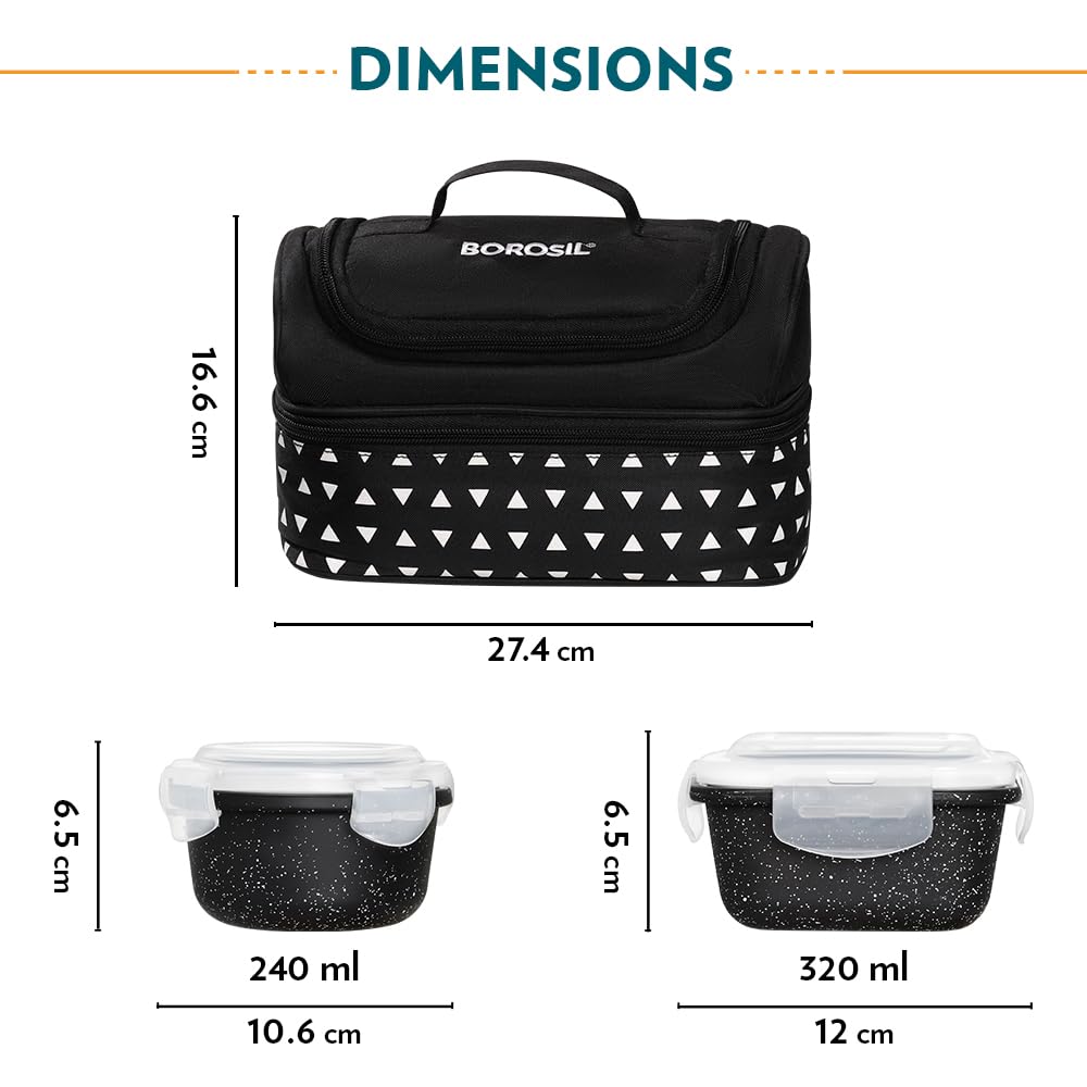 Borosil Kube Black Borosilicate Glass Lunchbox with Bag | 4 pc Container Set (320ml Square x 2 + 240ml Round x 2) | Microwave & Dishwasher Safe, Leakproof | Tiffin for Office, School, College