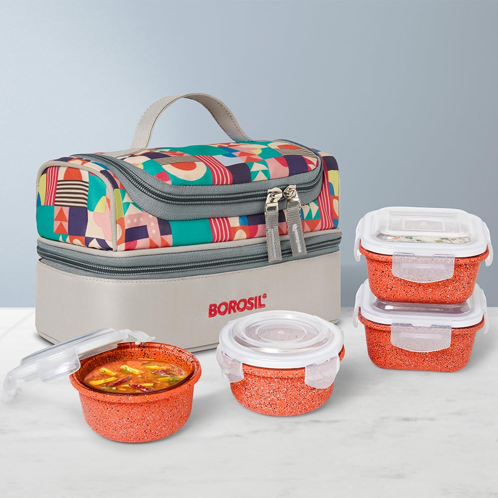 Borosil Kube Pink Universal Lunchbox | 320ml x 2 Square + 240ml x 2 Round Borosilicate Glass Container with Bag | Microwave & Dishwasher Safe, Leakproof | Tiffin for Office, School ICCOLUNIPNK02T