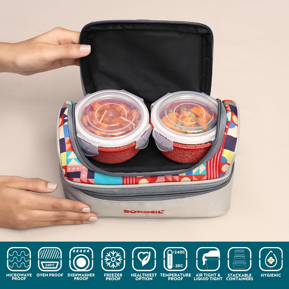 Borosil Kube Pink Universal Lunchbox | 320ml x 2 Square + 240ml x 2 Round Borosilicate Glass Container with Bag | Microwave & Dishwasher Safe, Leakproof | Tiffin for Office, School ICCOLUNIPNK02T