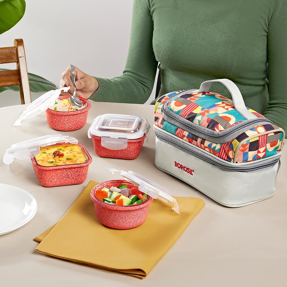 Borosil Kube Pink Universal Lunchbox | 320ml x 2 Square + 240ml x 2 Round Borosilicate Glass Container with Bag | Microwave & Dishwasher Safe, Leakproof | Tiffin for Office, School ICCOLUNIPNK02T