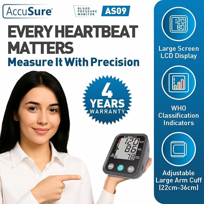 AccuSure AS9 Fully Automatic Digital Blood Pressure Monitor With Large Display, Most Advance Technology & Accurate Measurement 