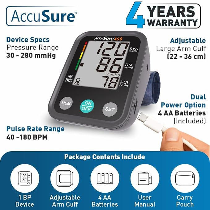 AccuSure AS9 Fully Automatic Digital Blood Pressure Monitor With Large Display, Most Advance Technology & Accurate Measurement 