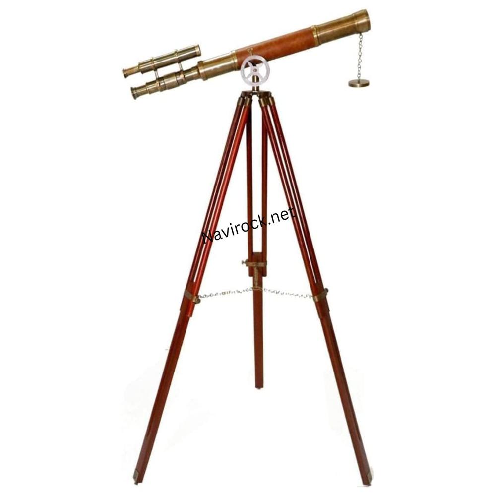 Nautical Floor Standing Telescope Brown Leather Wrapped Double Barrel Brass with Wooden Tripod Display