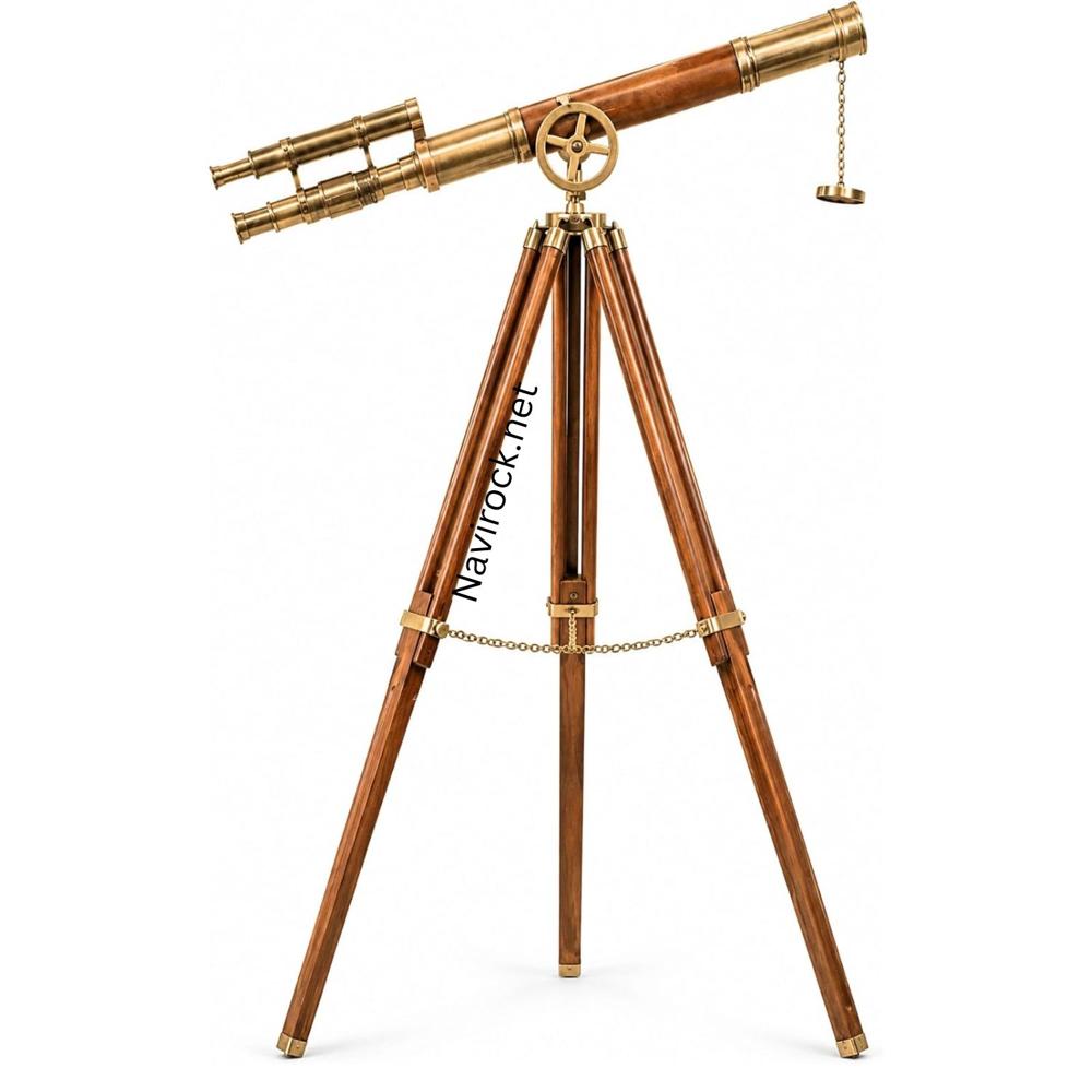 Nautical Floor Standing Telescope Brown Leather Wrapped Double Barrel Brass with Wooden Tripod Display