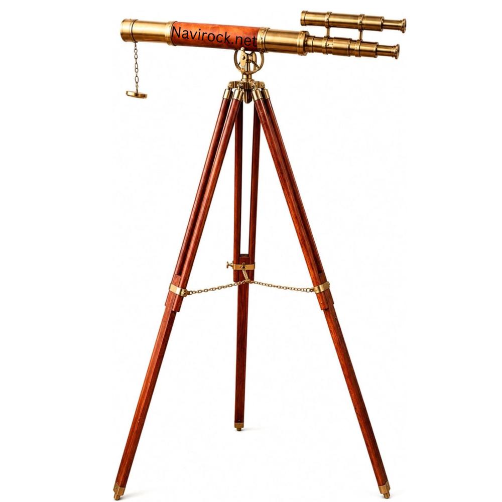 Nautical Floor Standing Telescope Brown Leather Wrapped Double Barrel Brass with Wooden Tripod Display