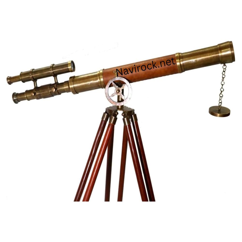 Nautical Floor Standing Telescope Brown Leather Wrapped Double Barrel Brass with Wooden Tripod Display