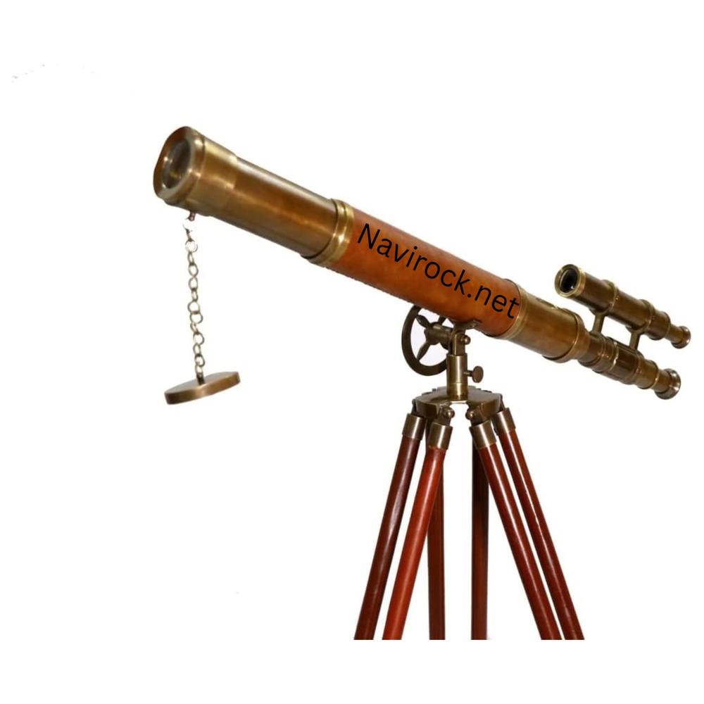 Nautical Floor Standing Telescope Brown Leather Wrapped Double Barrel Brass with Wooden Tripod Display