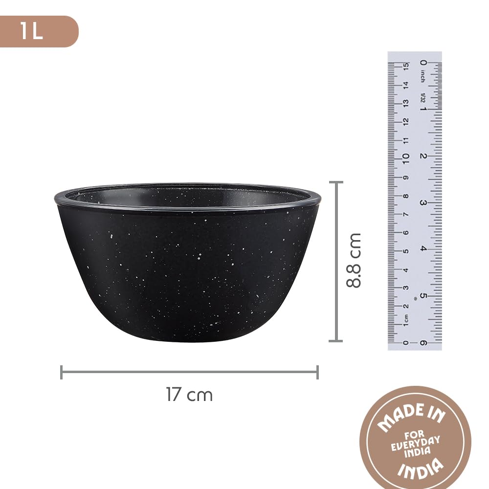 Borosil 1 L Serving & Mixing Bowl | Made in India Borosilicate Glass Bowl for Kitchen & Dinning | Bowl for Mixing Dough, Salad, Batter | Microwave & Dishwasher Safe (Pebble Black) BGFGBBWL0080