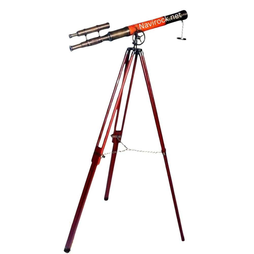 Handmade Maritime Tripod Telescope Antique Brass with Orange Leather Wrapped Tube, Nautical Home Decor for Office & Living Room Display