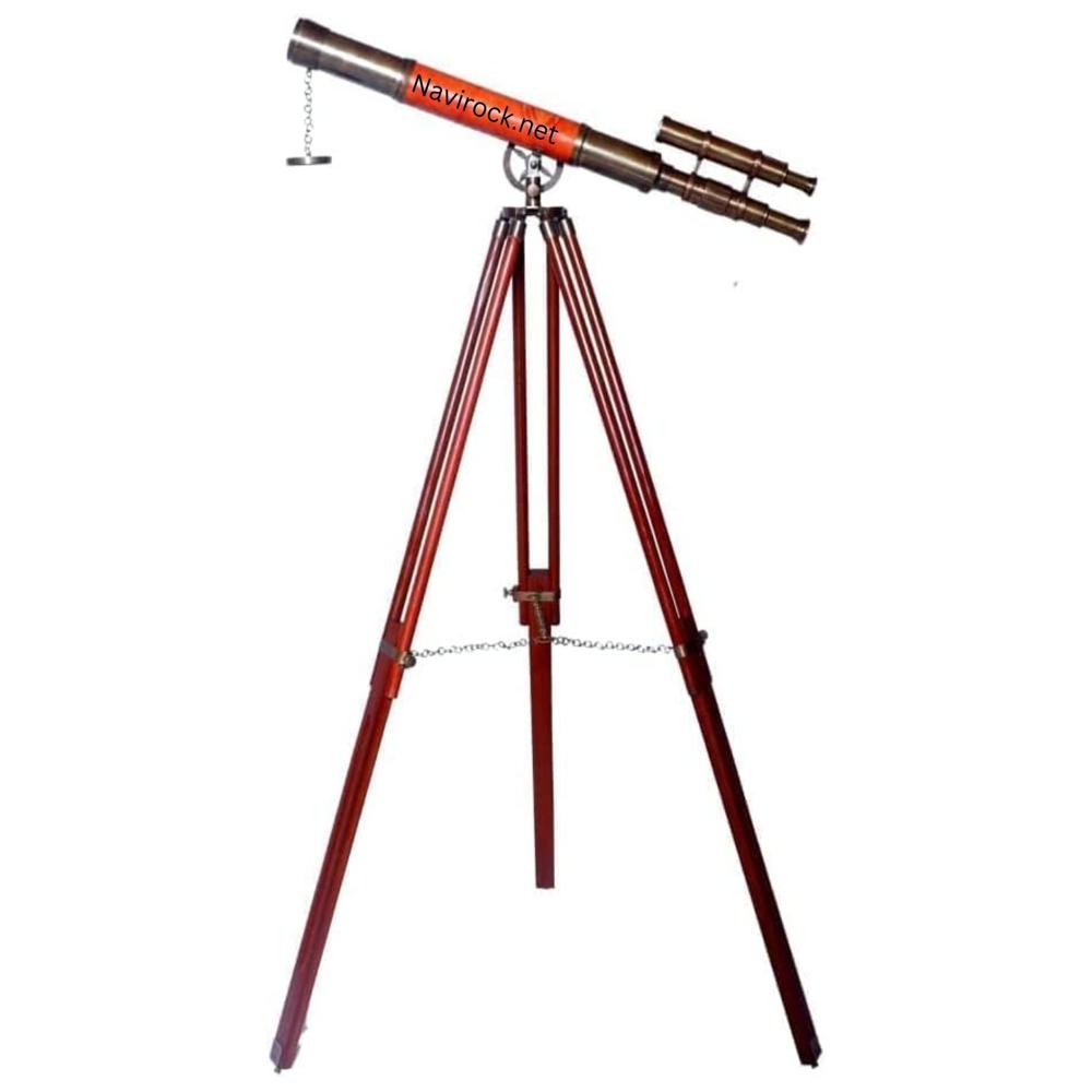 Handmade Maritime Tripod Telescope Antique Brass with Orange Leather Wrapped Tube, Nautical Home Decor for Office & Living Room Display