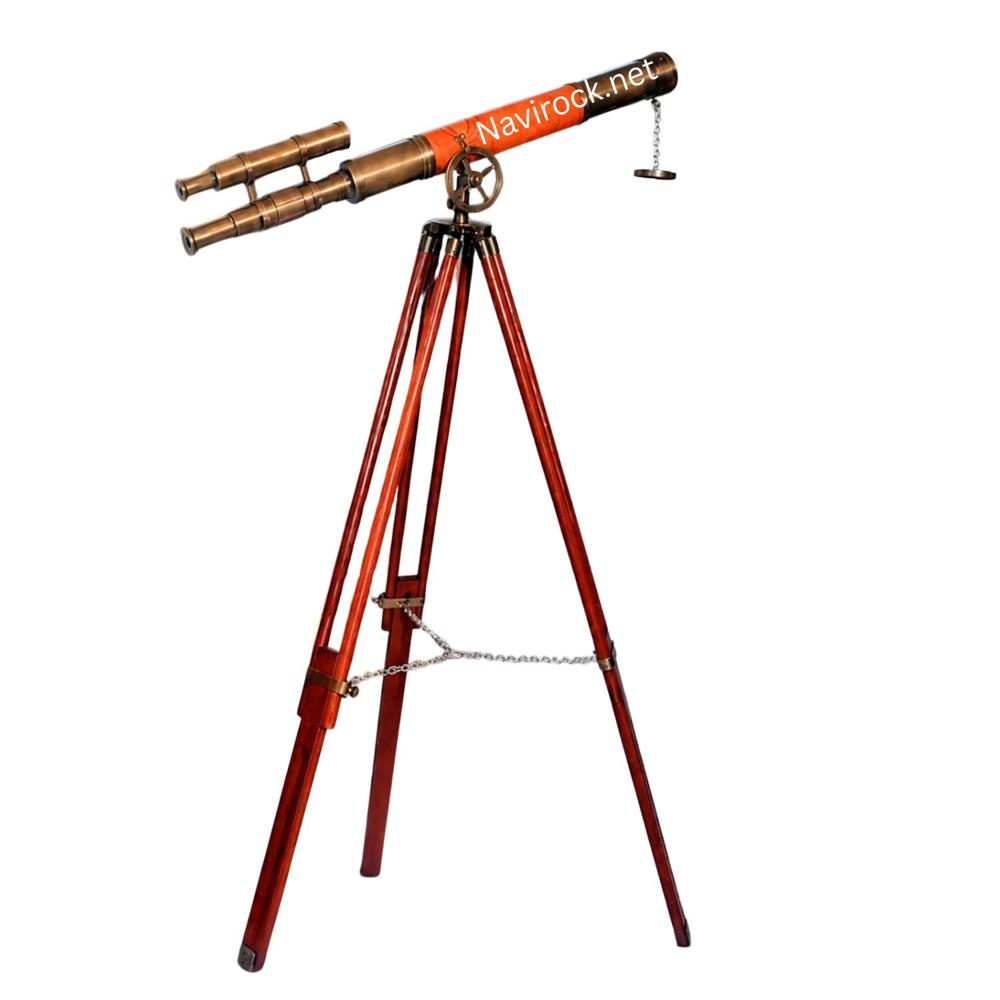 Handmade Maritime Tripod Telescope Antique Brass with Orange Leather Wrapped Tube, Nautical Home Decor for Office & Living Room Display