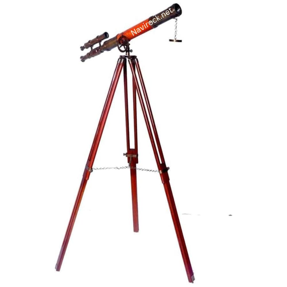Handmade Maritime Tripod Telescope Antique Brass with Orange Leather Wrapped Tube, Nautical Home Decor for Office & Living Room Display