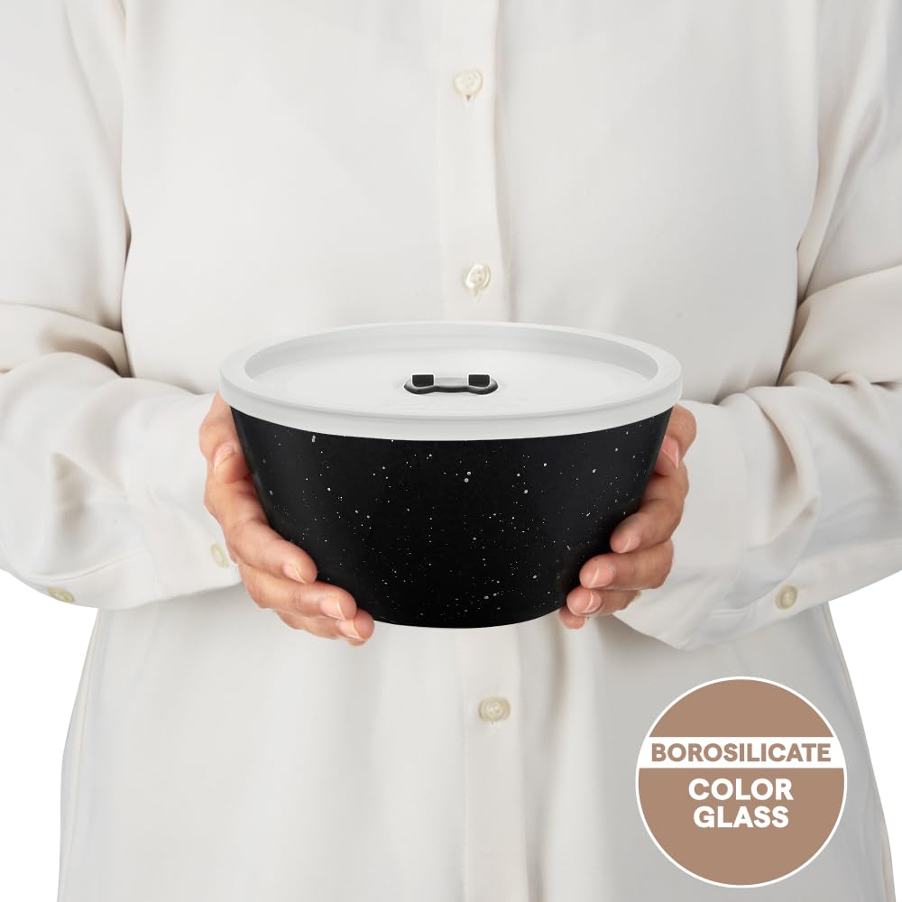 Borosil 1 L Serving & Mixing Bowl with Lid | Made in India Borosilicate Glass Bowl for Kitchen & Dinning | Bowl for Mixing Dough, Salad, Batter | Microwave & Dishwasher Safe (Pebble Black) BGFGBBWL0087