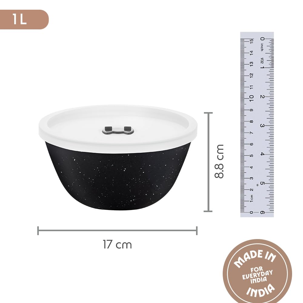 Borosil 1 L Serving & Mixing Bowl with Lid | Made in India Borosilicate Glass Bowl for Kitchen & Dinning | Bowl for Mixing Dough, Salad, Batter | Microwave & Dishwasher Safe (Pebble Black) BGFGBBWL0087