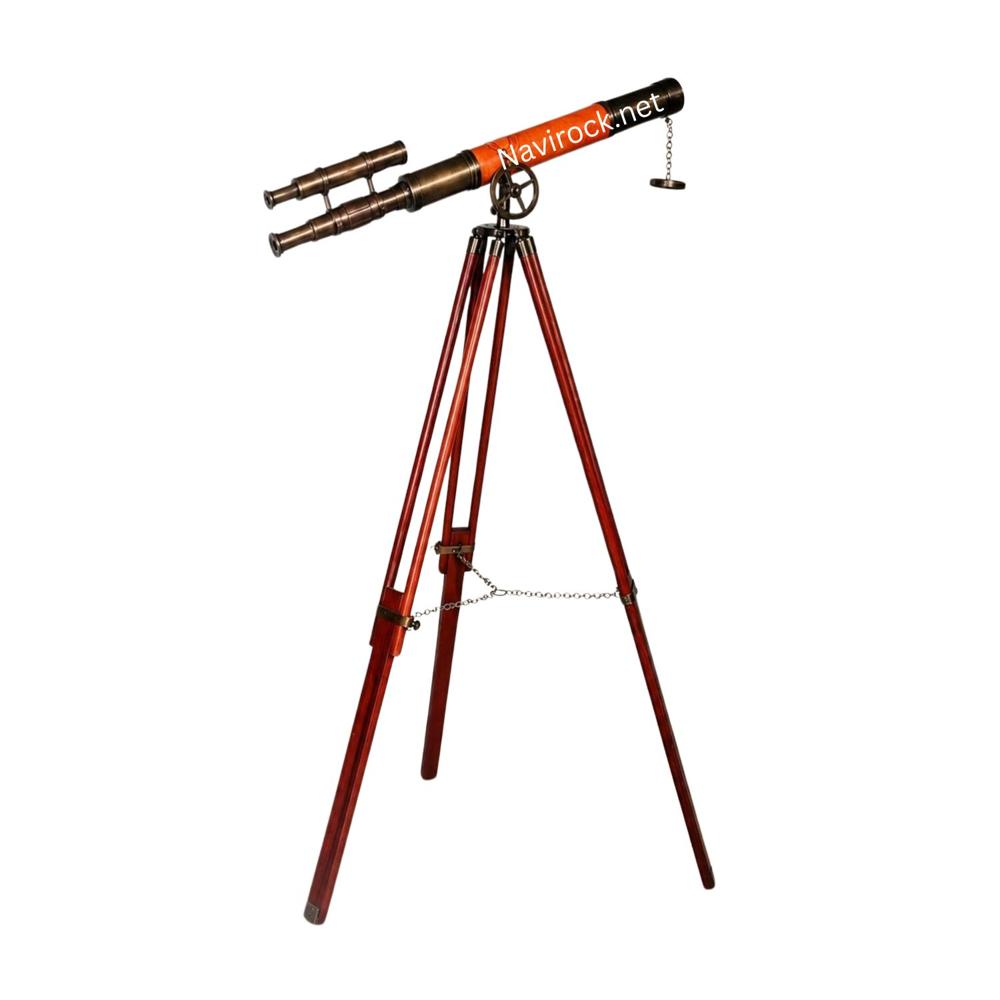 Vintage Double Barrel Explorer Telescope Antique Brass Body, Leather Wrapped Tube & Floor Standing Wooden Tripod Display Scope
