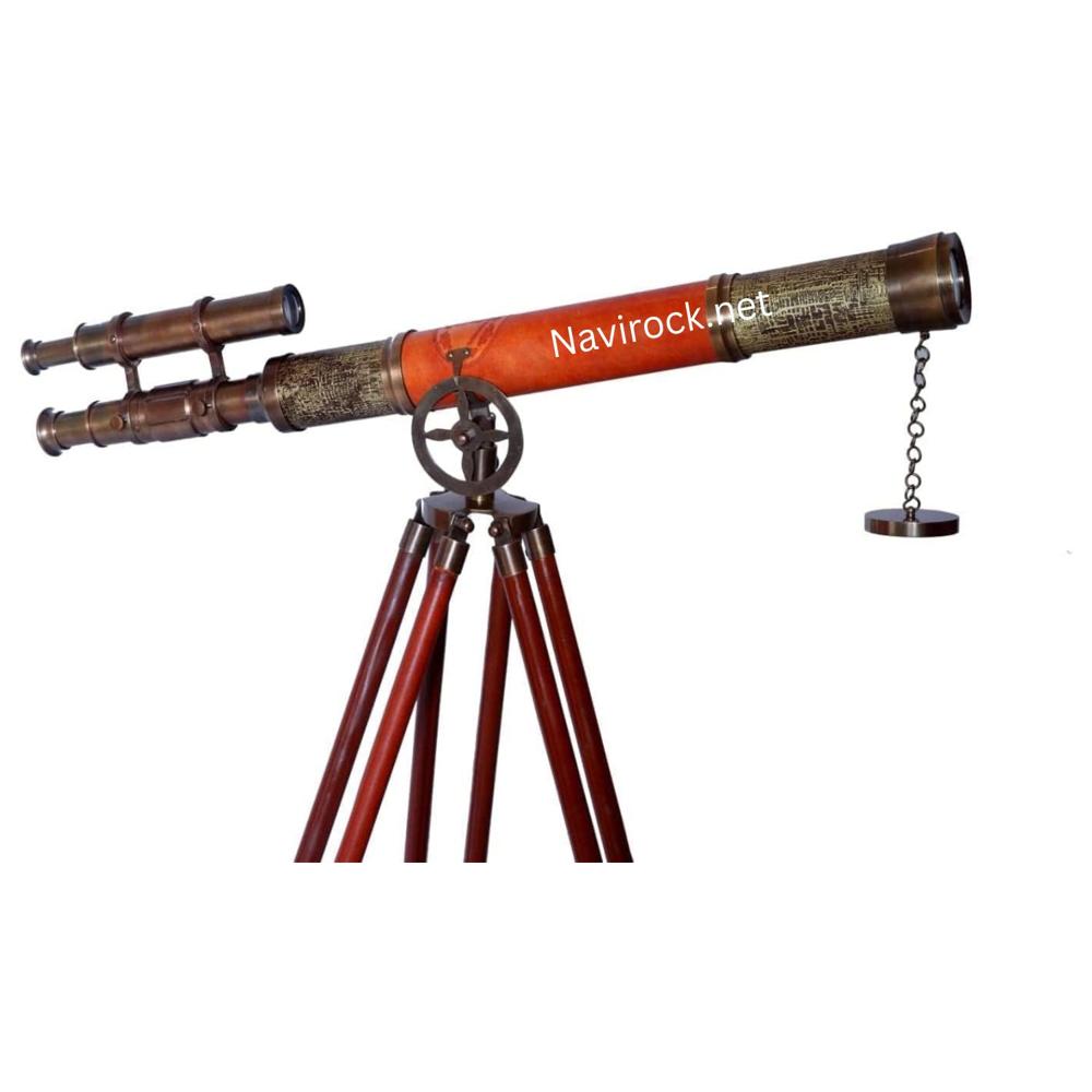 Vintage Double Barrel Explorer Telescope Antique Brass Body, Leather Wrapped Tube & Floor Standing Wooden Tripod Display Scope