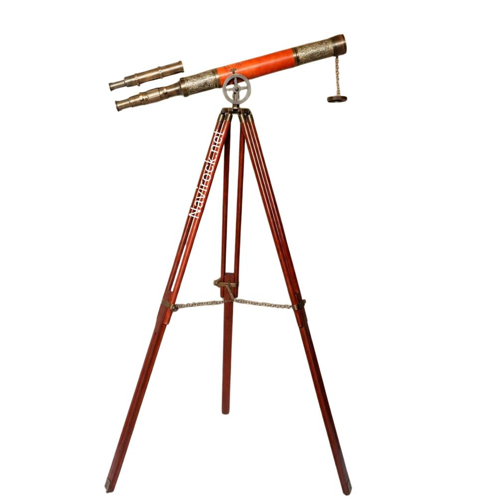 Vintage Double Barrel Explorer Telescope Antique Brass Body, Leather Wrapped Tube & Floor Standing Wooden Tripod Display Scope