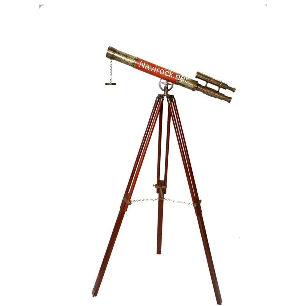Vintage Double Barrel Explorer Telescope Antique Brass Body, Leather Wrapped Tube & Floor Standing Wooden Tripod Display Scope