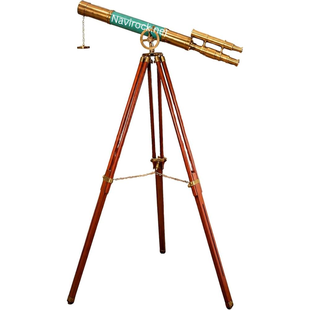 Antique Handmade Brass Marine Telescope Green Finish with Brown Wooden Stand Tripod, High Magnification Nautical Decor