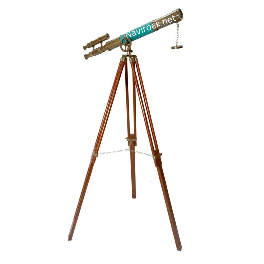 Antique Handmade Brass Marine Telescope Green Finish with Brown Wooden Stand Tripod, High Magnification Nautical Decor