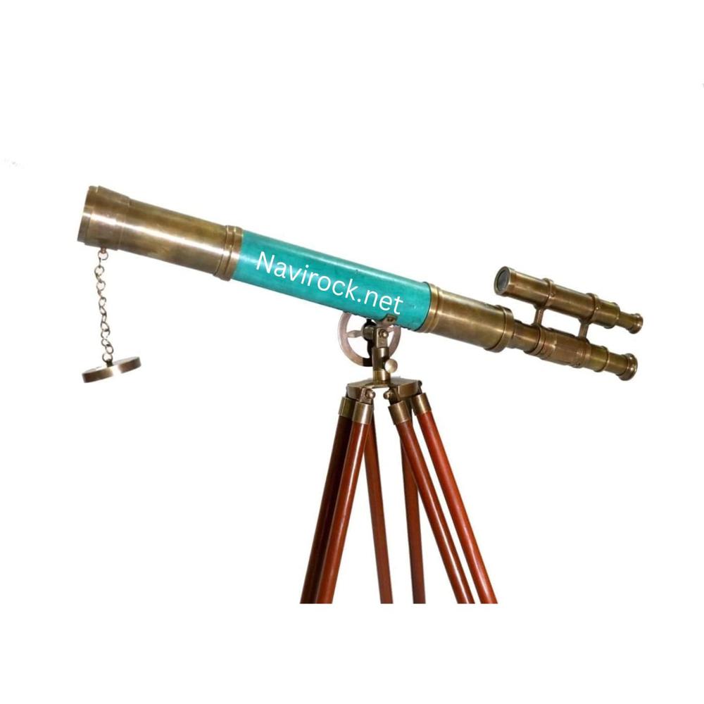 Antique Handmade Brass Marine Telescope Green Finish with Brown Wooden Stand Tripod, High Magnification Nautical Decor