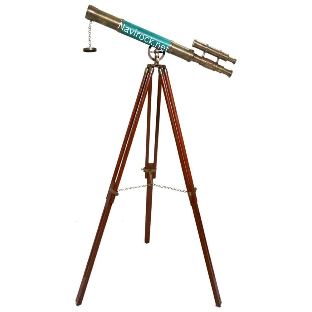 Antique Handmade Brass Marine Telescope Green Finish with Brown Wooden Stand Tripod, High Magnification Nautical Decor
