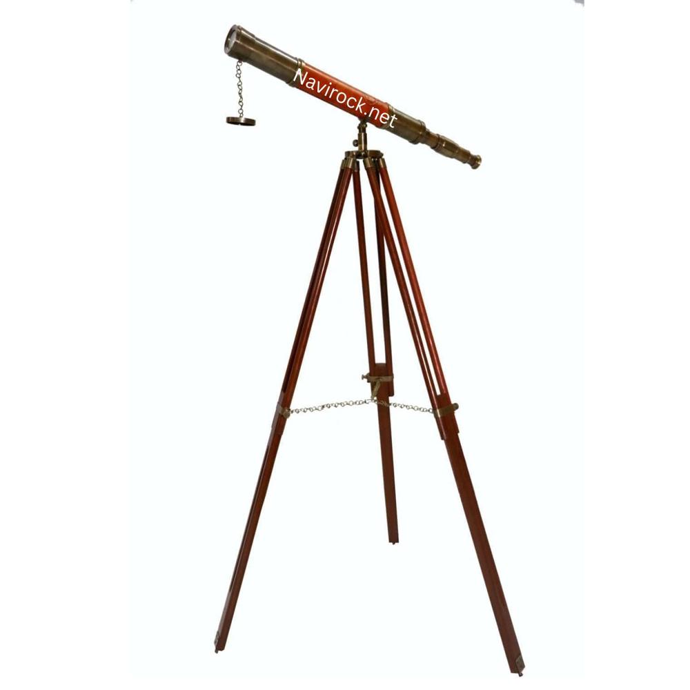 Nautical Ship Sailor Telescope Brass & Orange Leather on Wooden Tripod, (Antique Finish) Maritime Decor
