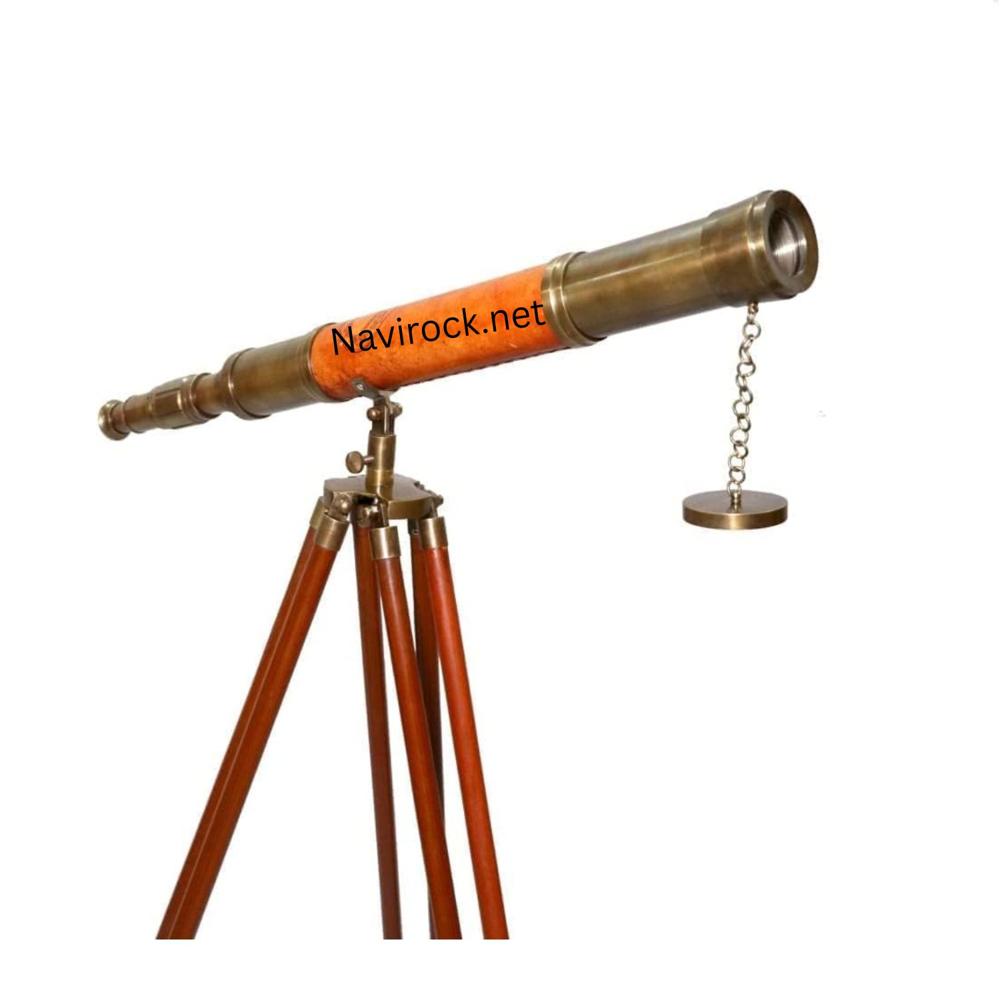 Nautical Ship Sailor Telescope Brass & Orange Leather on Wooden Tripod, (Antique Finish) Maritime Decor