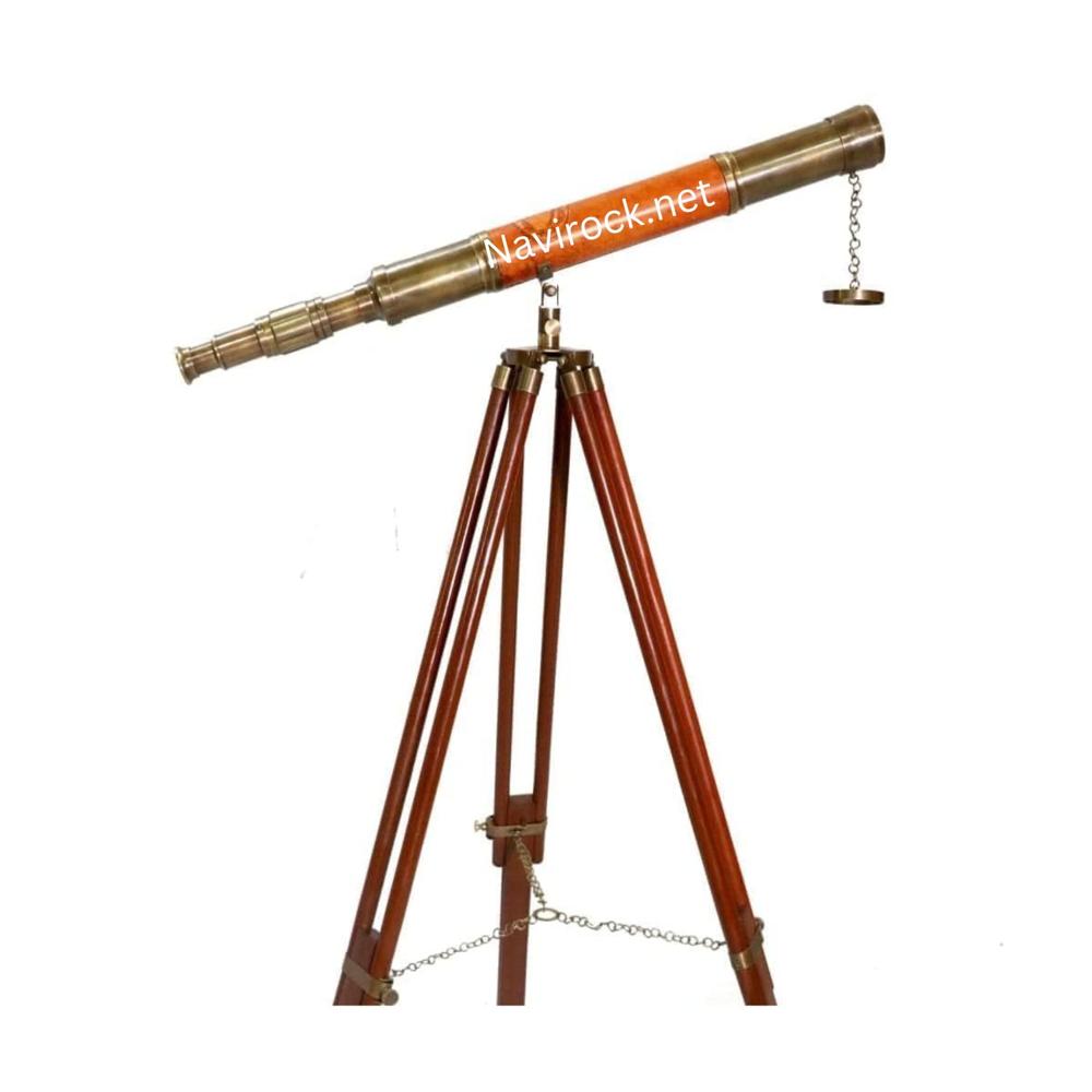 Nautical Ship Sailor Telescope Brass & Orange Leather on Wooden Tripod, (Antique Finish) Maritime Decor