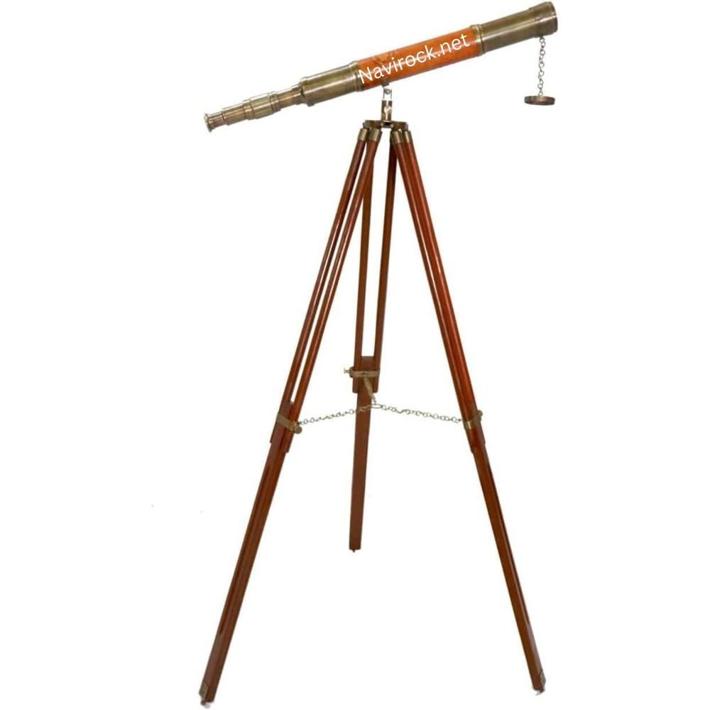 Nautical Ship Sailor Telescope Brass & Orange Leather on Wooden Tripod, (Antique Finish) Maritime Decor