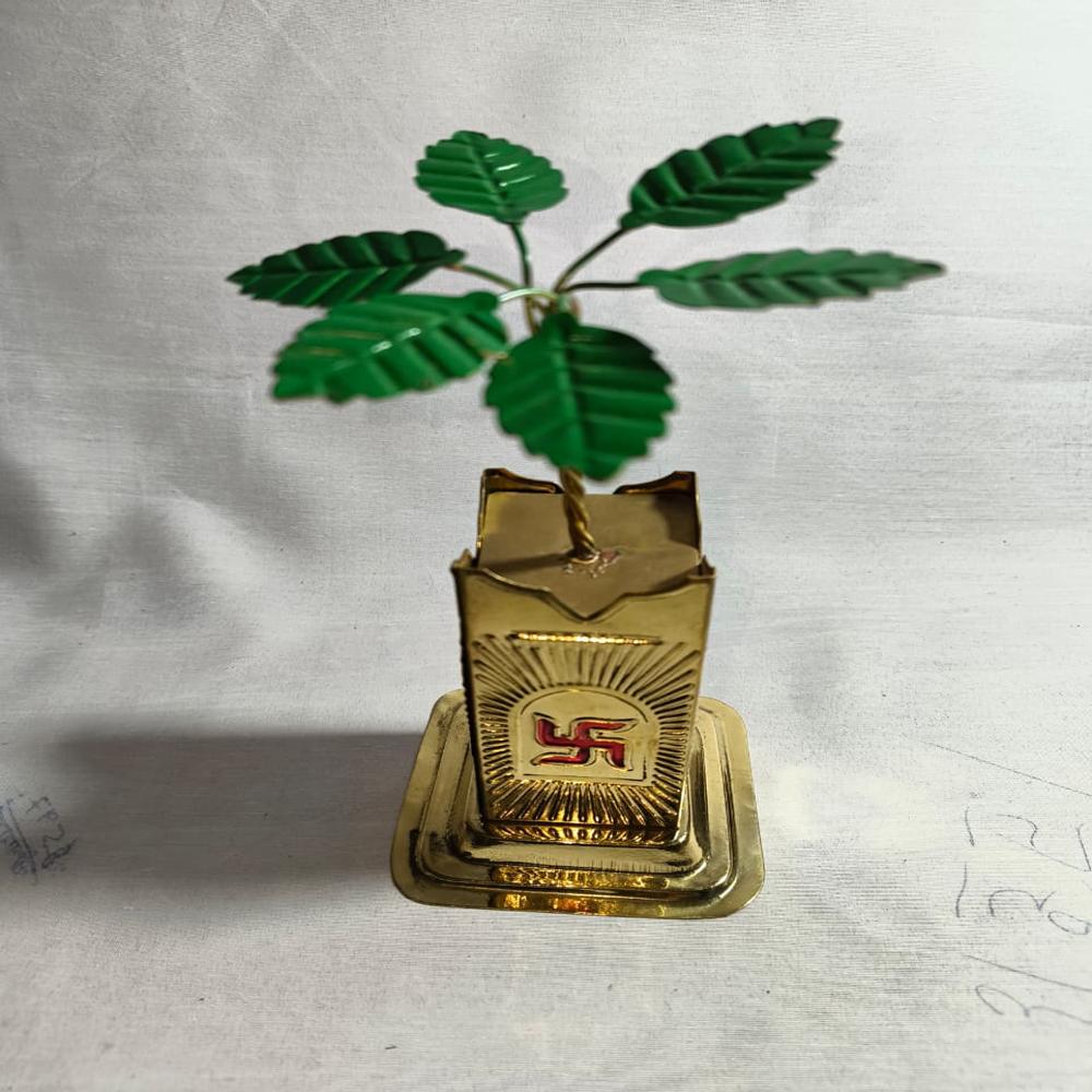 Brass Tulsi Plant Show Pic From Office Decor - Color: Golden Base With Green Leaves
