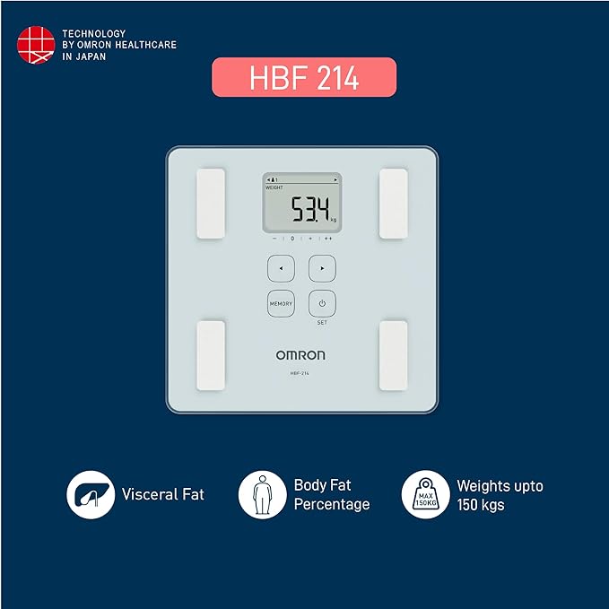 Omron HBF 214 Digital Full Body Composition Monitor with 4 User & Guest Mode Feature to Monitor BMI, Body Age, Vesceral Fat Level, Body Fat & Skeletal Muscle Percentage (White)