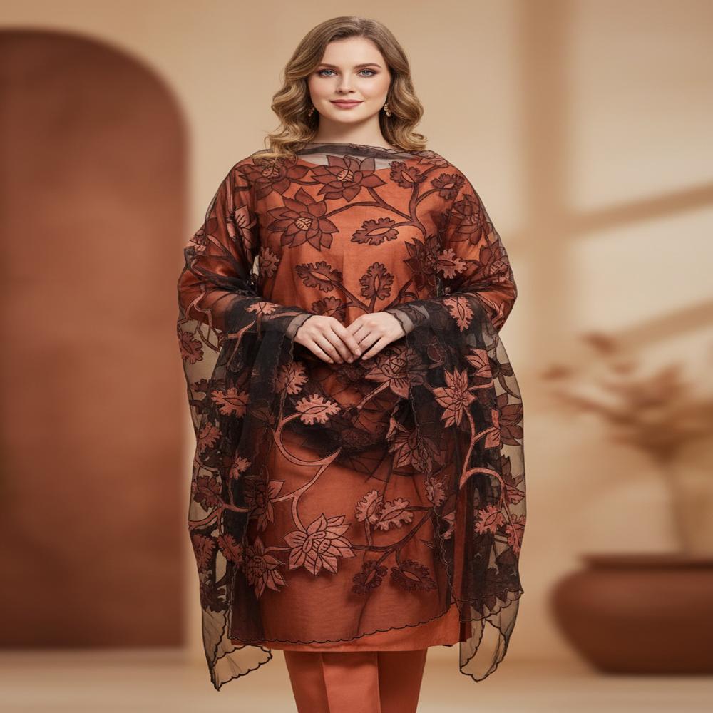 Silk chanderi nett applique work unstitched suits