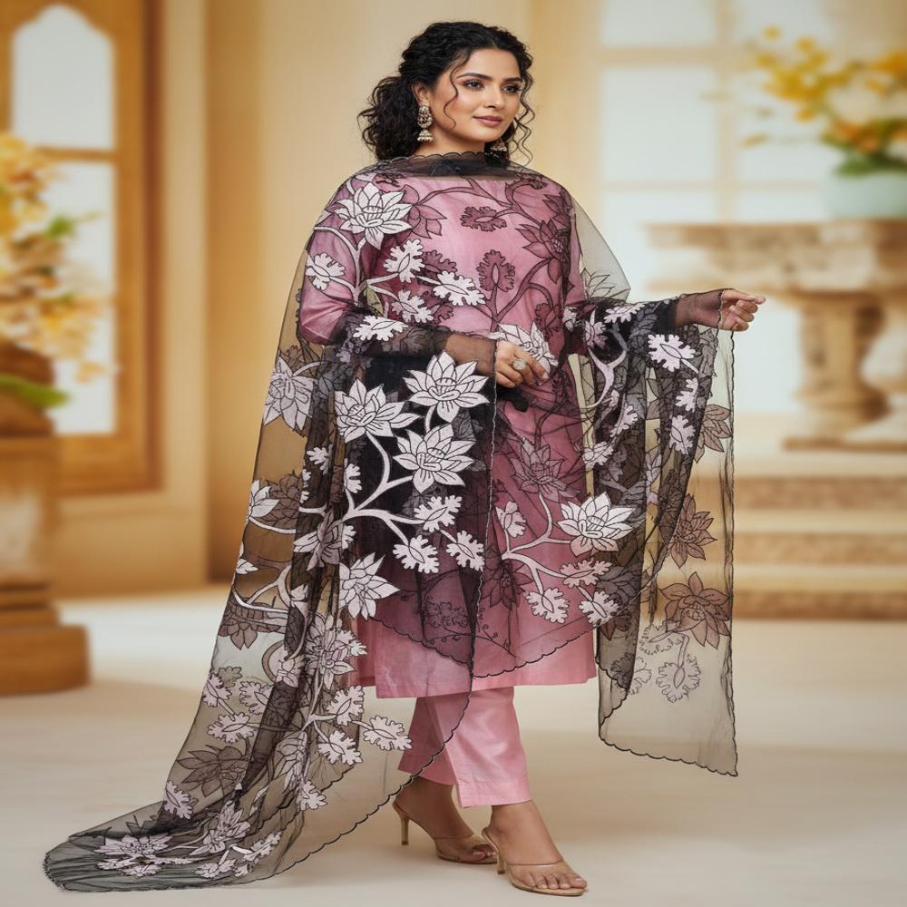Silk chanderi nett applique work unstitched suits