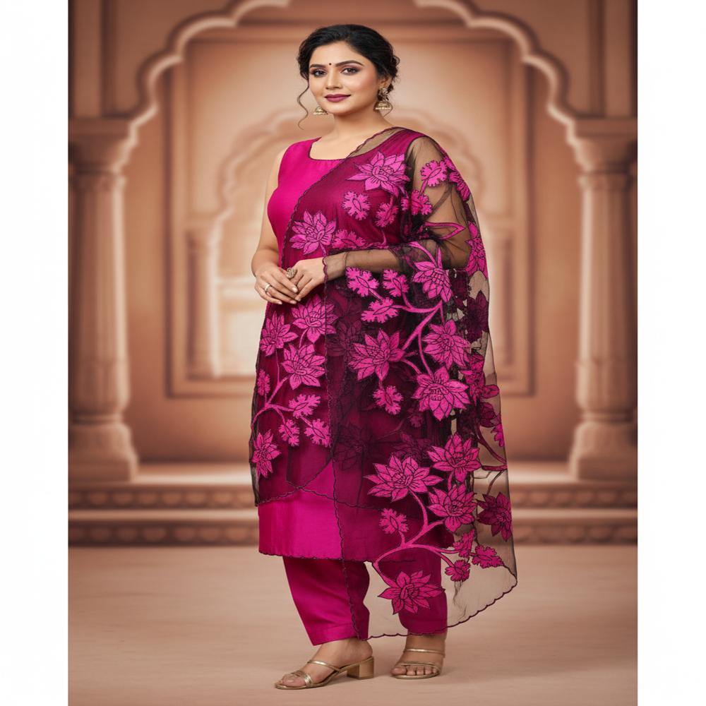 Silk chanderi nett applique work unstitched suits