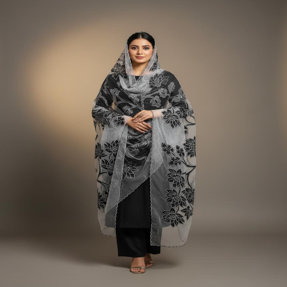 Silk chanderi nett applique work unstitched suits