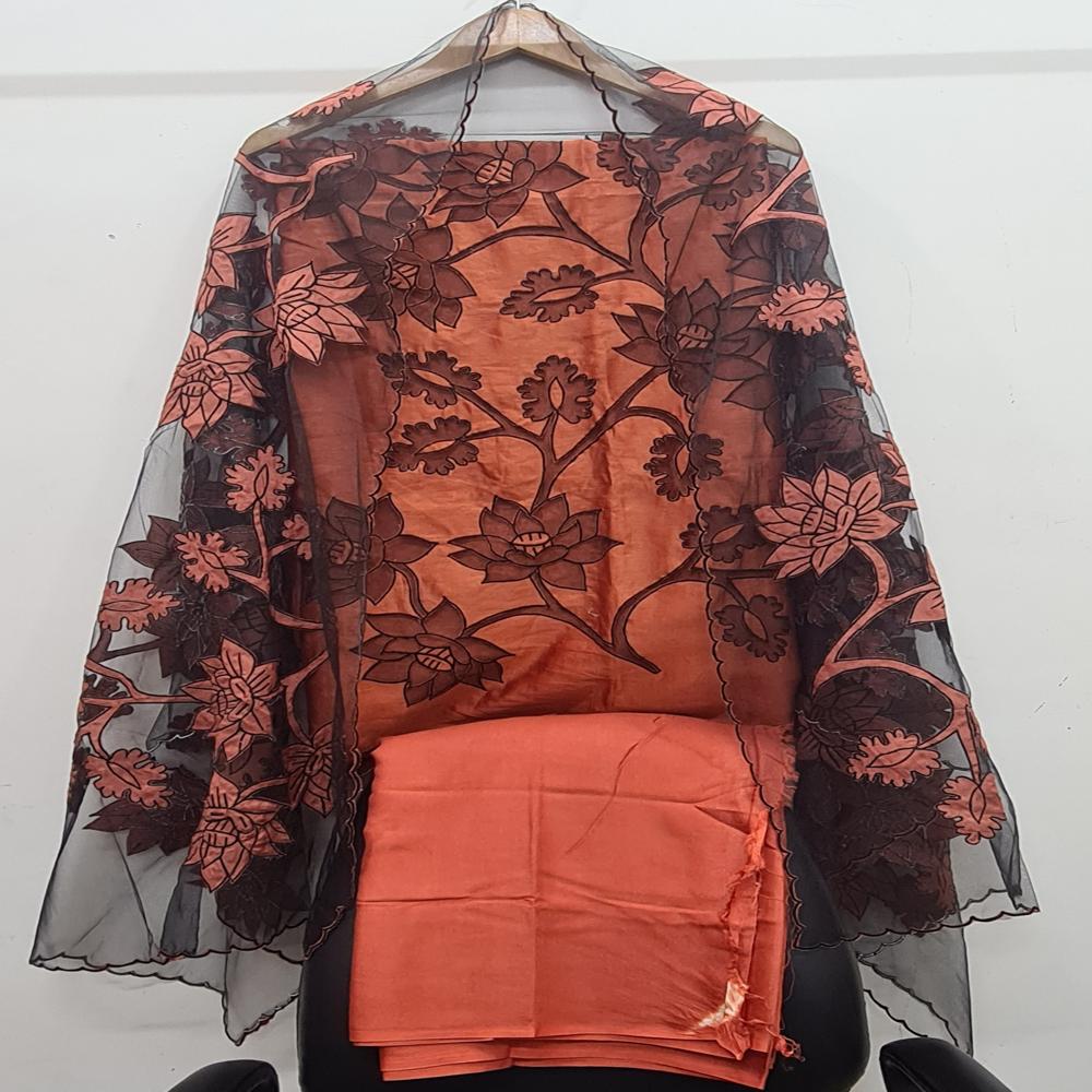 Silk chanderi nett applique work unstitched suits