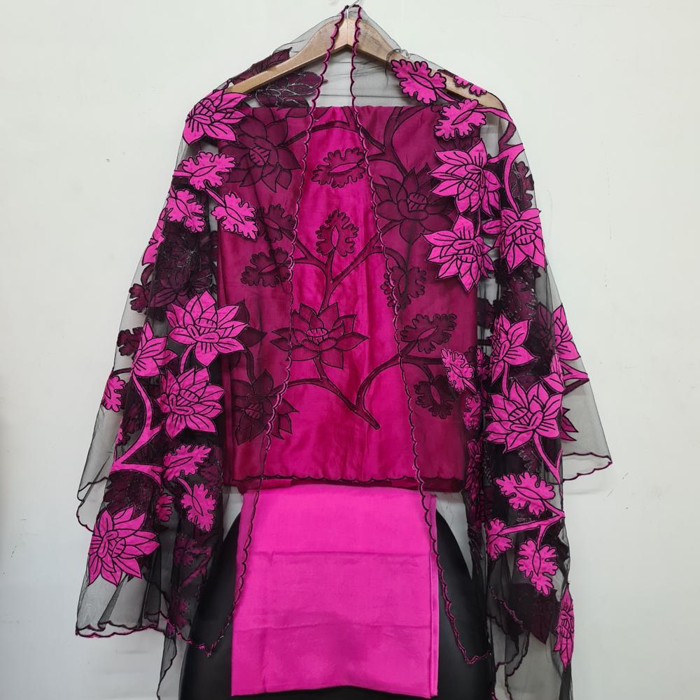 Silk chanderi nett applique work unstitched suits