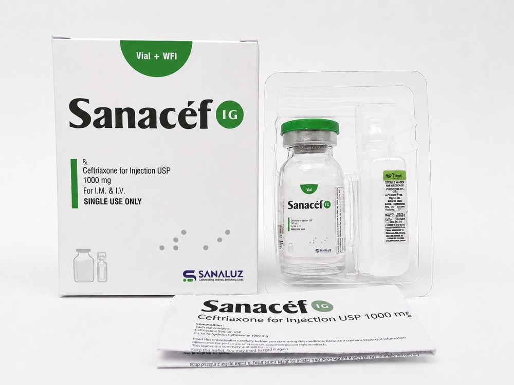 Sanacef 1gm - Ceftriaxone 1gm Injection Vial WFI Tray