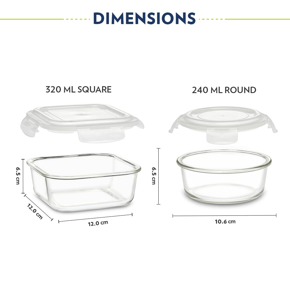 Borosil Eateasy Daisy Borosilicate Glass Lunchbox with Bag | Set of 4 (320ml x 2 Square + 240ml x 2 Round) | Microwave & Dishwasher Safe, Leakproof | Tiffin for Office, School BGFGBTIF0008