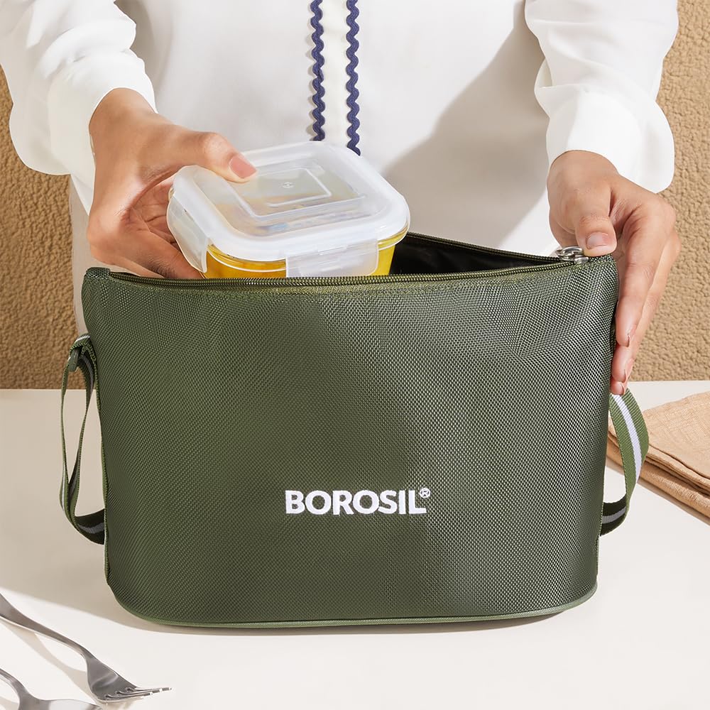 Borosil Eateasy Daisy Borosilicate Glass Lunchbox with Bag | Set of 4 (320ml x 2 Square + 240ml x 2 Round) | Microwave & Dishwasher Safe, Leakproof | Tiffin for Office, School BGFGBTIF0008