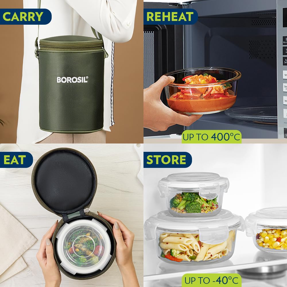 Borosil Eateasy Borosilicate Glass Lunchbox with Bag | 3 pc Round Container Set (400 ml Each) | Microwave & Dishwasher Safe, Leakproof | Tiffin for Office, School, College BGFGBTIF0002