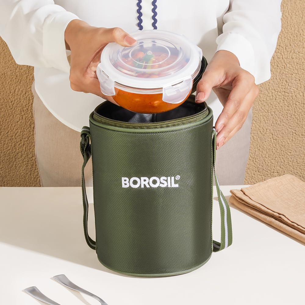 Borosil Eateasy Borosilicate Glass Lunchbox with Bag | 3 pc Round Container Set (400 ml Each) | Microwave & Dishwasher Safe, Leakproof | Tiffin for Office, School, College BGFGBTIF0002