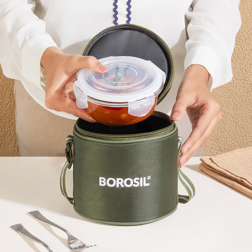 Borosil Eateasy Borosilicate Glass Lunchbox with Bag | 2 pc Round Container Set (400 ml Each) | Microwave & Dishwasher Safe, Leakproof | Tiffin for Office, School, College  BGFGBTIF0005