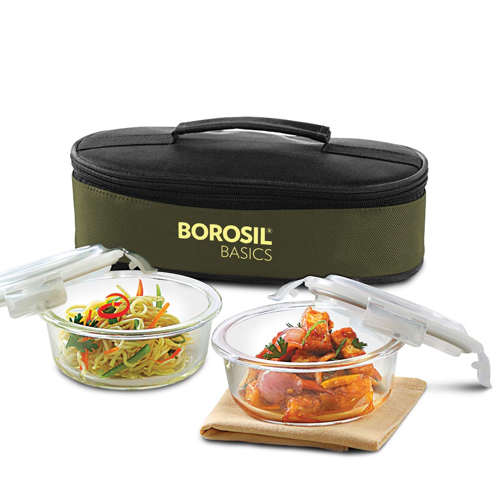 Borosil Basics Glass Lunch Box 400 ml, Round, Horizontal, Microwave Safe Office Tiffin BGFGBTIF0006