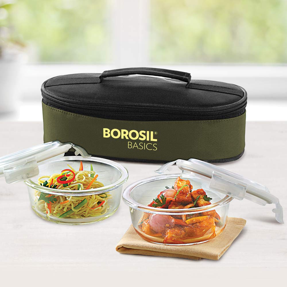 Borosil Basics Glass Lunch Box 400 ml, Round, Horizontal, Microwave Safe Office Tiffin BGFGBTIF0006