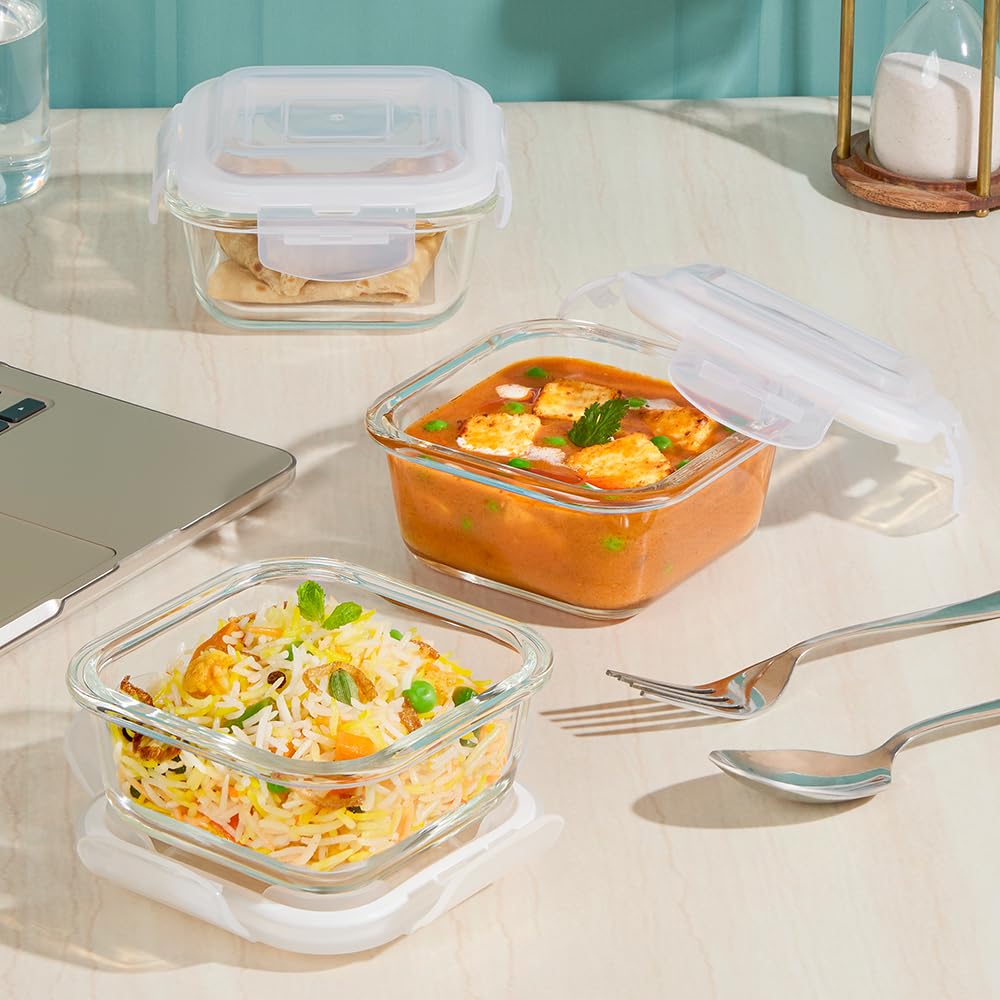 Borosil Eateasy Borosilicate Glass Lunchbox with Bag | 3 pc Square Container Set (320 ml Each) | Microwave & Dishwasher Safe, Leakproof | Tiffin for Office, School, College  BGFGBTIF0001