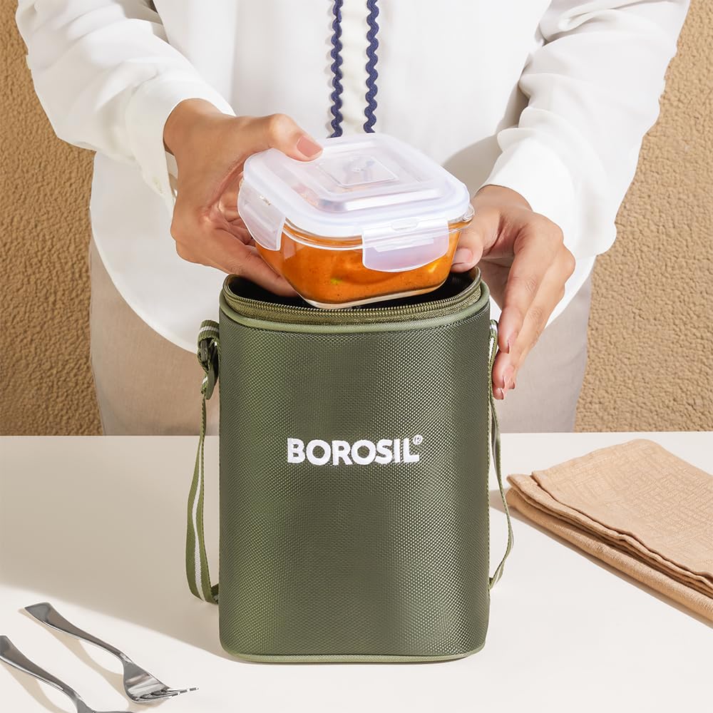 Borosil Eateasy Borosilicate Glass Lunchbox with Bag | 3 pc Square Container Set (320 ml Each) | Microwave & Dishwasher Safe, Leakproof | Tiffin for Office, School, College  BGFGBTIF0001