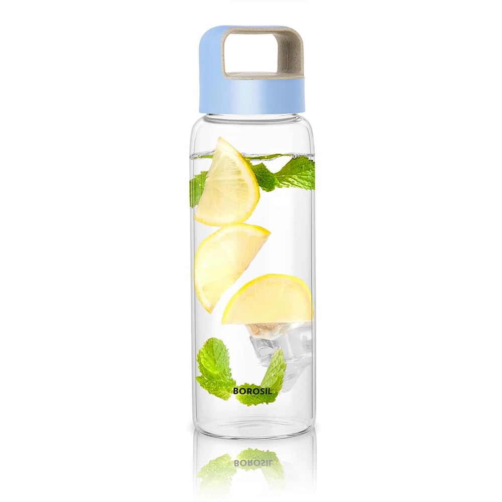 orosil 550ml Neo Water Bottle | Borosilicate Glass Wide Mouth Bottle for Fridge | Extreme Temperature Resistant For Hot & Cold Water, Milk, Lassi, Juice BVUNEBLU550
