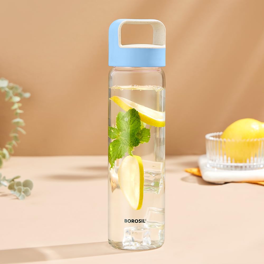 orosil 550ml Neo Water Bottle | Borosilicate Glass Wide Mouth Bottle for Fridge | Extreme Temperature Resistant For Hot & Cold Water, Milk, Lassi, Juice BVUNEBLU550